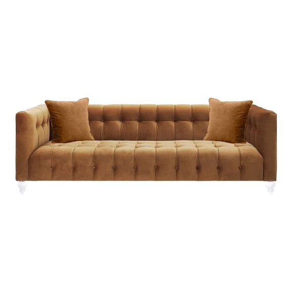 Pemberly Row 29.35"H Velvet Upholstered/Acrylic Sofa in Cognac Orange