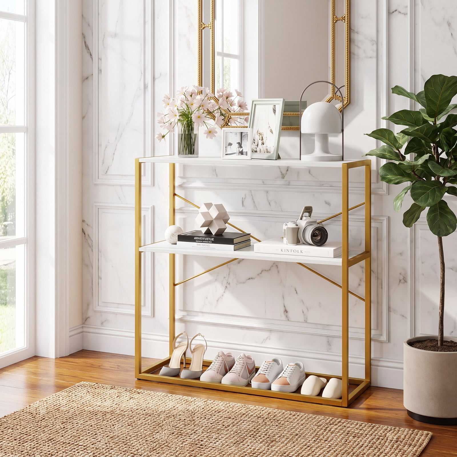 Furnibear 36 Inch 2-Tier Entryway Table with Wooden Open Shelves and X-Shaped Metal Frame for Narrow Hallway Living Room and Behind Sofa, White