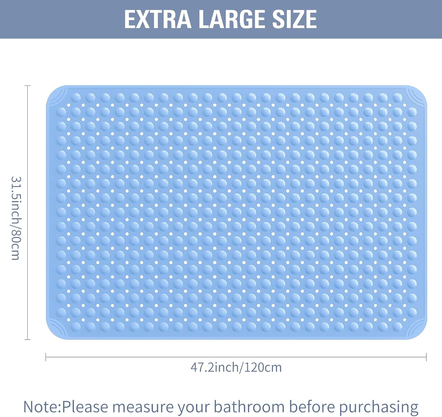 Yolife Extra Large Shower Mat 47.2"x31.5" - TPE Non-Slip Bath Mat/Suction Cups & Drain Holes, Heavy Duty for Shower Stall, Odor-Free,Light Blue