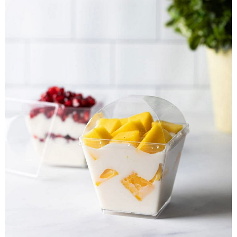 (10 Pack) EcoQuality 7 oz Square Clear Plastic Dessert Cups with Dome Lids - Disposable Parfait Cups with Lids - Square Treat Candy Boxes, Tumbler Cup