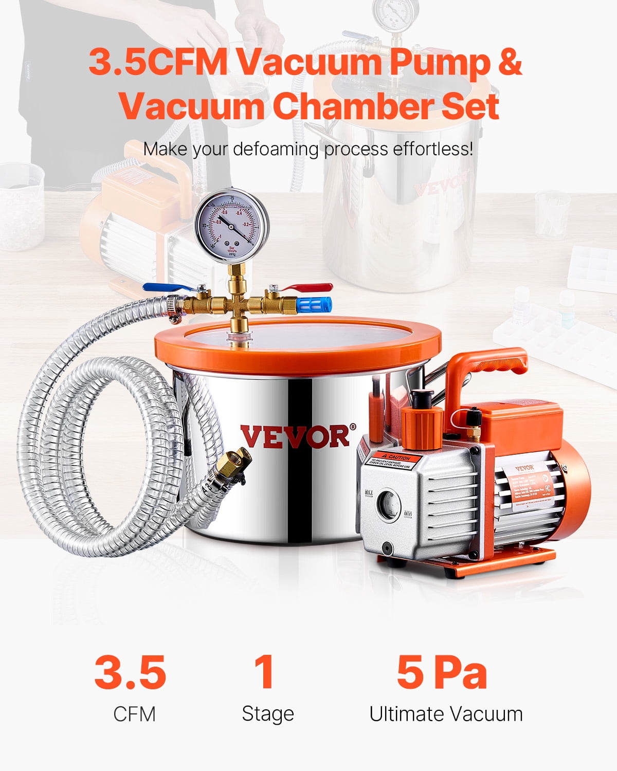 VEVOR 1.5 Gal Vacuum Chamber and 3.5 CFM Pump Kit, Stainless Steel Chamber, Single Stage Vacuum Pump Degassing Chamber Kit, with Acrylic Lid, Oil, 4.92 ft Hose,for Degassing Resin Silicone Epoxies