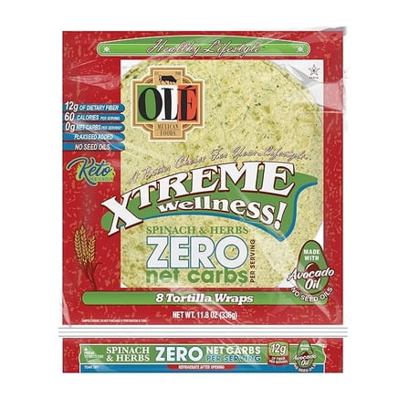 Xtreme Wellness Spinach Zero Net Carbs | 8" Tortillas | 8 Count | 4 Pack | 11.85 oz