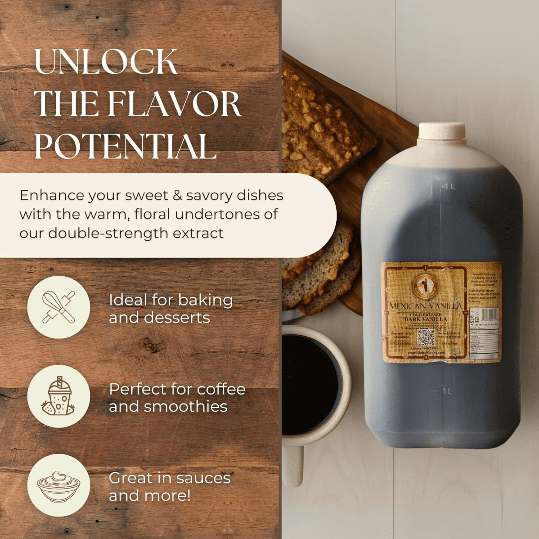 Pure Dark Mexican Vanilla Extract Gluten Free Vanilla for Baking Cakes, Cookies, Desserts, Coffee & Beverages Natural, Bold Flavour 4 Liter / 135.25 fl oz bottle