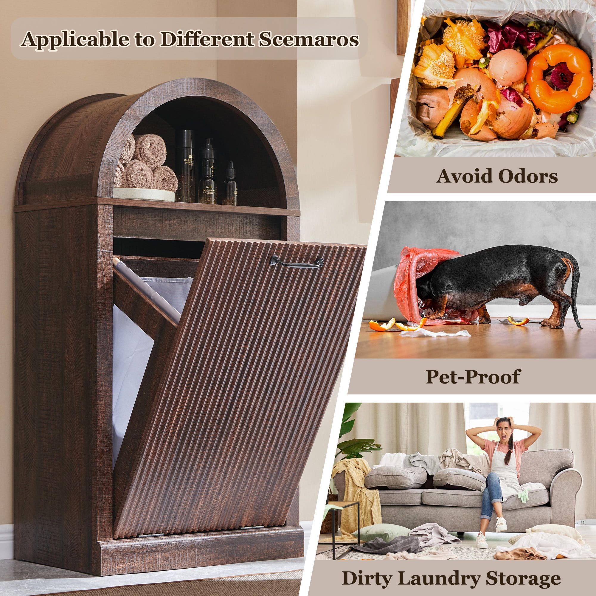 SinCiDo Arched Laundry Hamper Cabinet, 10 Gallon Fluted Hidden Garbage Can Cabinets with Laundry Basket, Free Standing for Bathroom & Kitchen, Brown