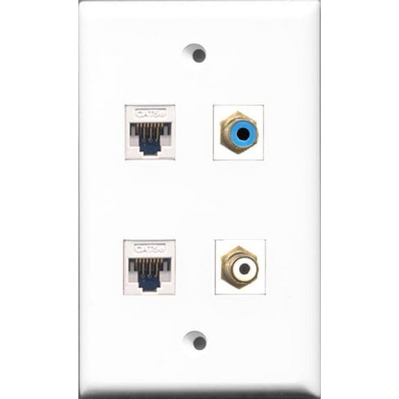 RiteAV 1 Port RCA White and 1 Port RCA Blue 2 Port Cat5e Ethernet White Wall Plate