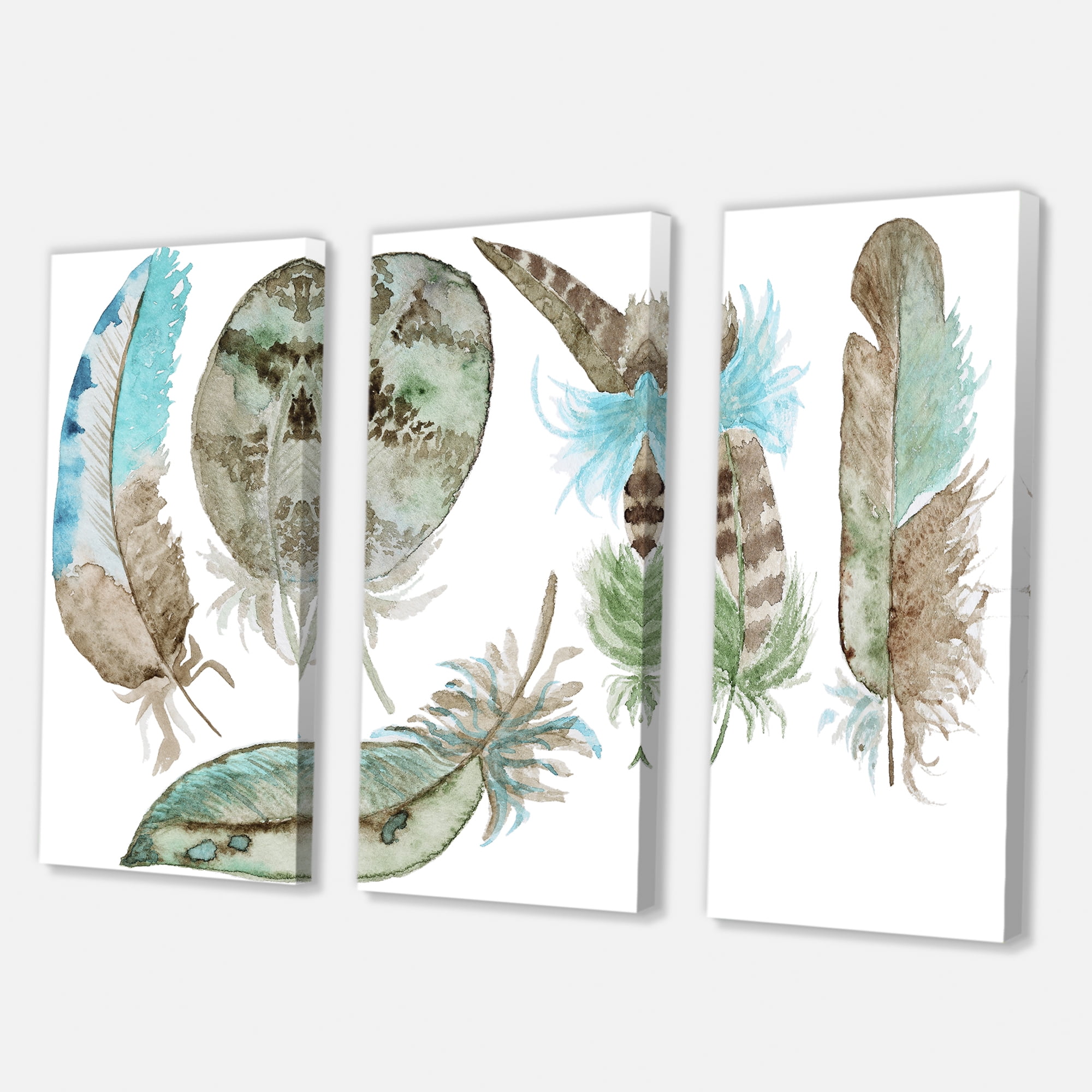 Designart ' Green Feathers Set On White ' Bohemian & Eclectic Canvas Wall Art Print