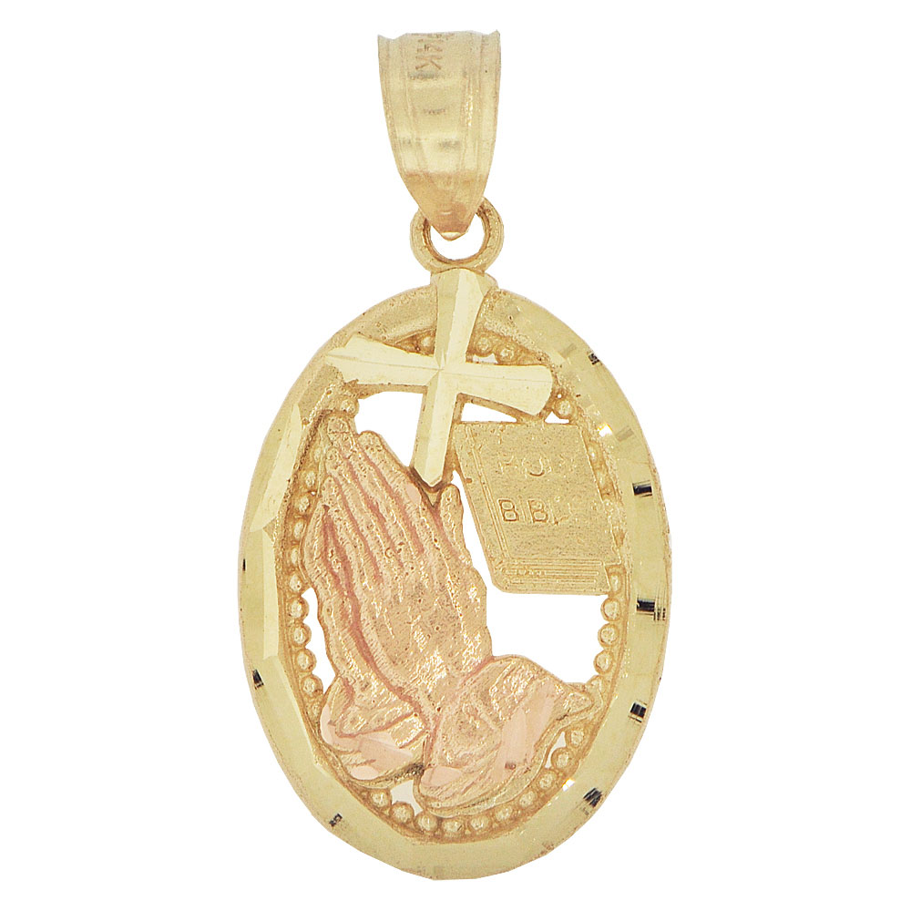 GiveMeGold 14k Yellow & Rose Gold, Praying Hand Cross Bible Pendant