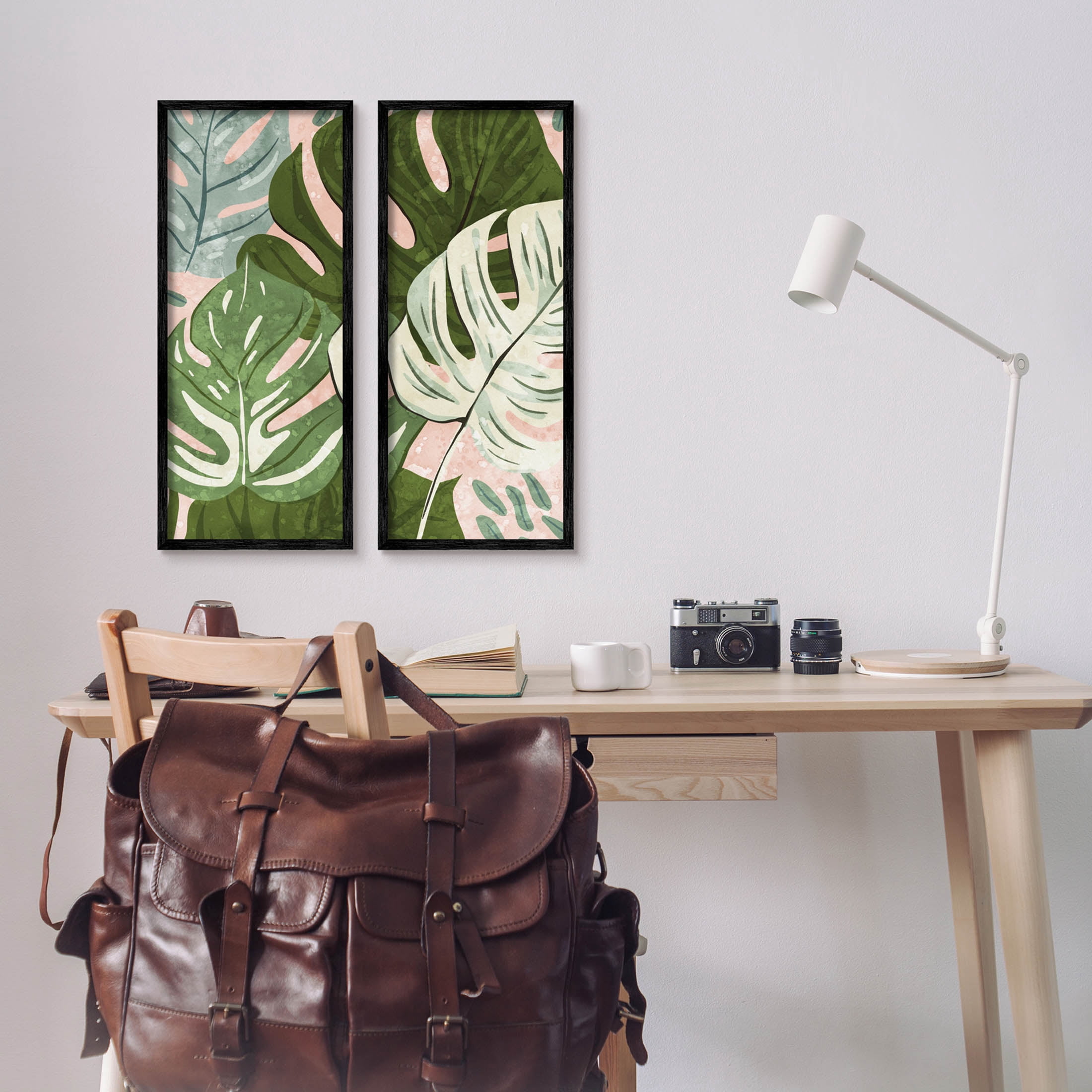 Modern Layered Monstera Leaves Botanical & Floral Graphic Art Black Framed Art Print Wall Art, Set of 2