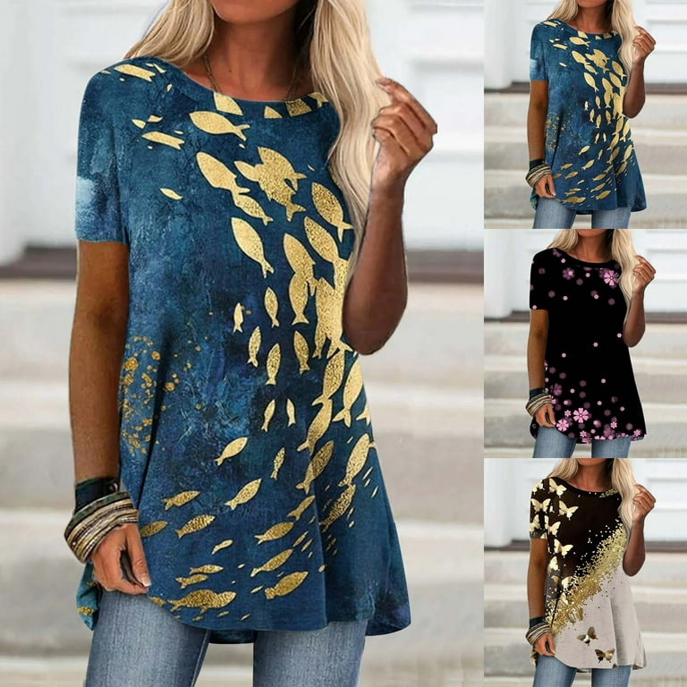 ZVAVZ Tunic Tops To Wear with Leggings, Long Tunics for Women To Wear with  Leggings Round Neck Short Sleeve Flowy Shirts Plus Size Graphic Print Tops