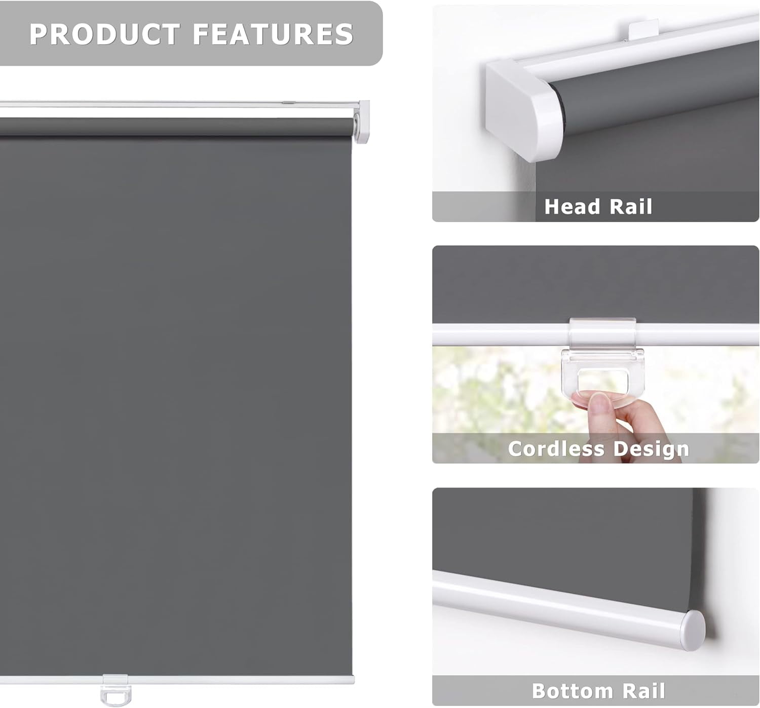 LazBlinds No Tools No Drill Cordless Roller Shades, 100% Blackout Roller Blinds for Windows, Thermal Insulated UV Protection Waterproof Roll Up Window Blinds and Shades, 34'' W x 72'' H, Grey