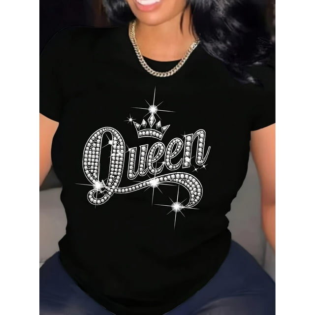 Shiny Queen Letter Print Crew Neck T-shirt, Short Sleeve Casual Top for Summer & Spring, Women's Clothing Tee For Adult, Men, Women, Teen, Teenager, Adolescent, Youth