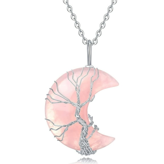 Healing Crystal Necklace Tree of Life Wire Wrapped Amethyst Crescent Moon Natural Stone Pendant Necklaces Hippie Boho Witch Wiccan Spiritual Reiki Gemstone Quartz Jewelry for Women