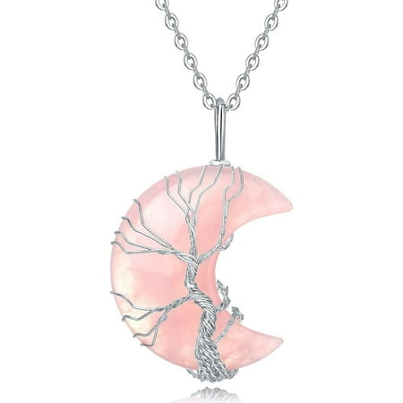 Healing Crystal Necklace Tree of Life Wire Wrapped Amethyst Crescent Moon Natural Stone Pendant Necklaces Hippie Boho Witch Wiccan Spiritual Reiki Gemstone Quartz Jewelry for Women