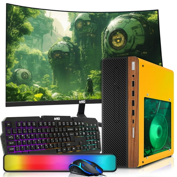 Restored HP Half Dark Desktop Computer PC Lambo AMD A10-9700, 16GB RAM, 1TB SSD, 27 Inch Curved Monitor, RGB KBM with AI Copilot, WiFi, RGB Soundbar, Webcam, Windows 11 (Refurbished)