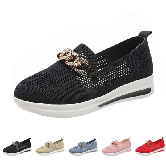 longantii Orthopedic Shoes for Women Metal Chain Slip On Platform Tennis Sneakers Casual Mesh Breathable Low Top Flats Loafers Comfortable Lightweight Walking Shoes Black
