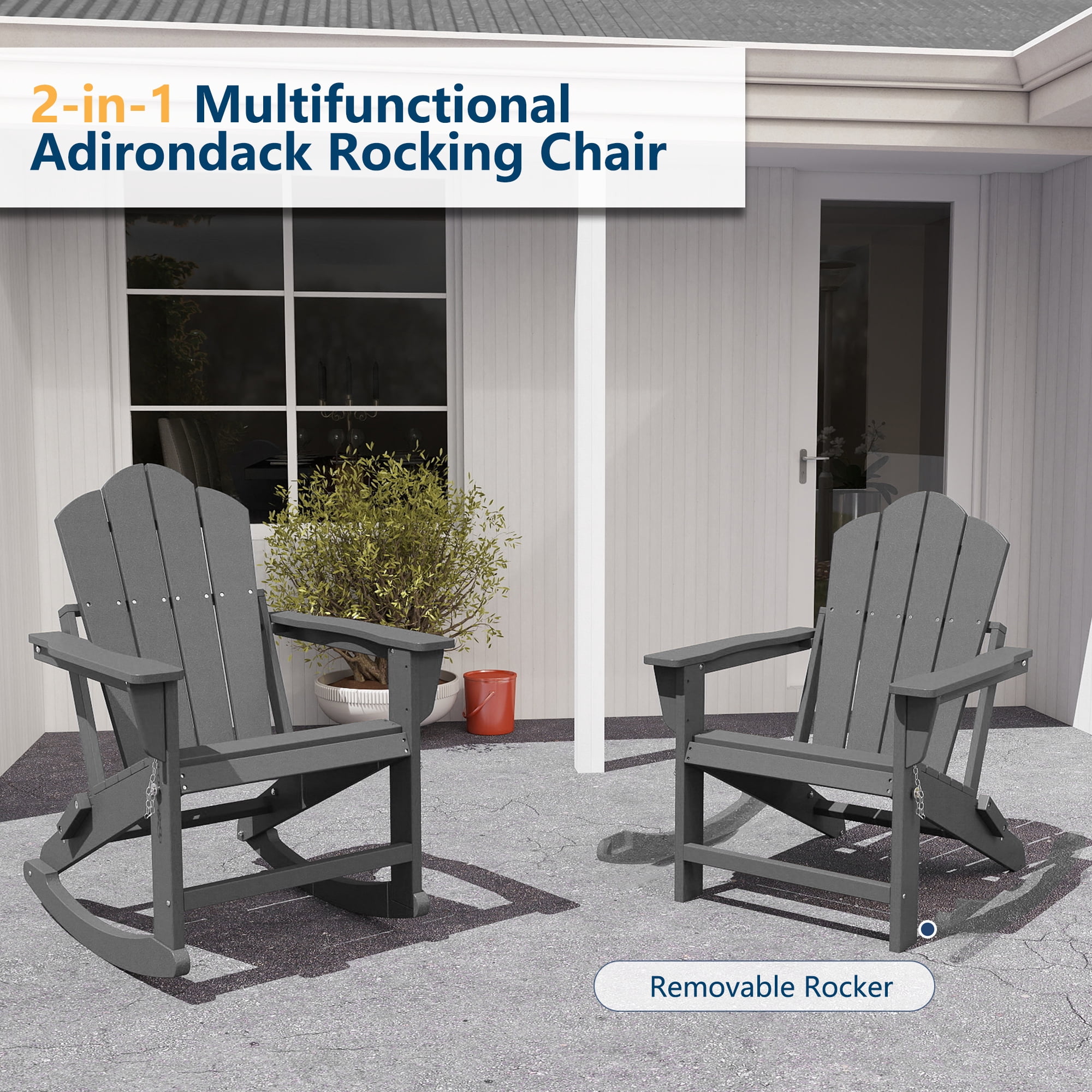 FOOWIN Folding Rocking Adirondack Chair, HDPE Plastic Rocking Chairs for Patio Porch Rocker Chair, Grey
