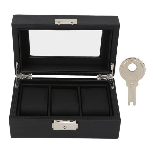 Caja de reloj con 3 ranuras, caja pequeña con cerradura de cuero PU para guardar joyas y relojes con tapa transparente para hombres y mujeres, pulsera negra