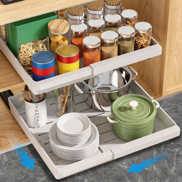 Paquete de 2 organizadores de armarios extraíbles expandibles, cajones deslizantes de plástico para cocina, baño, despensa, almacenamiento debajo del fregadero, cajones extraíbles fijos