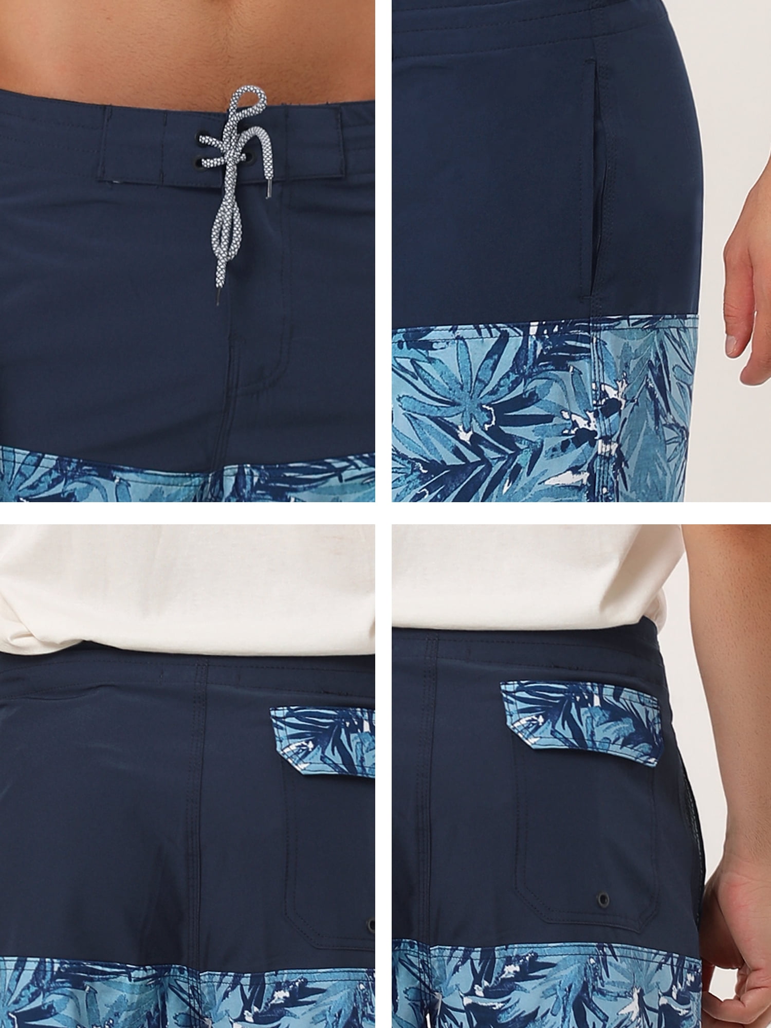 Unique Bargains Men's Summer Swim Color Block Drawstring Beach Board Shorts 32 Navy Leaf