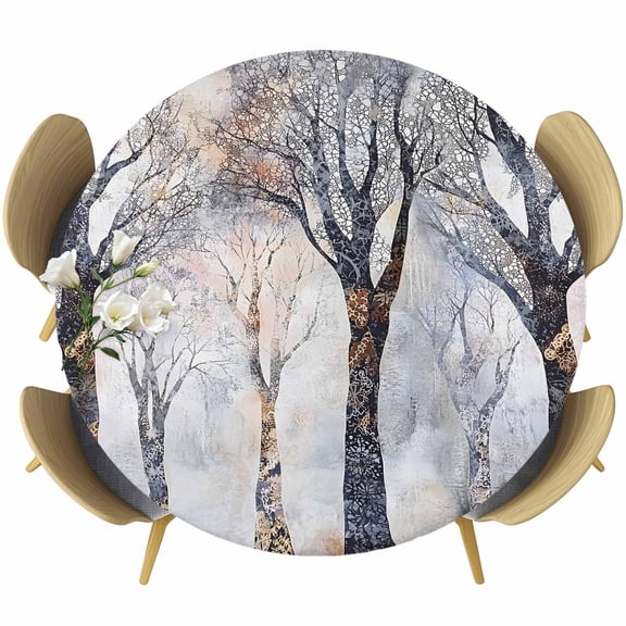 Black Grey Tree Round Tablecloth 55-60 Inch Round Fitted Table Cloth with Elastic Edge, Vintage Abstract Boho Trunk Branch Waterproof Table Cover Protector for Outdoor Picnic Party Dining