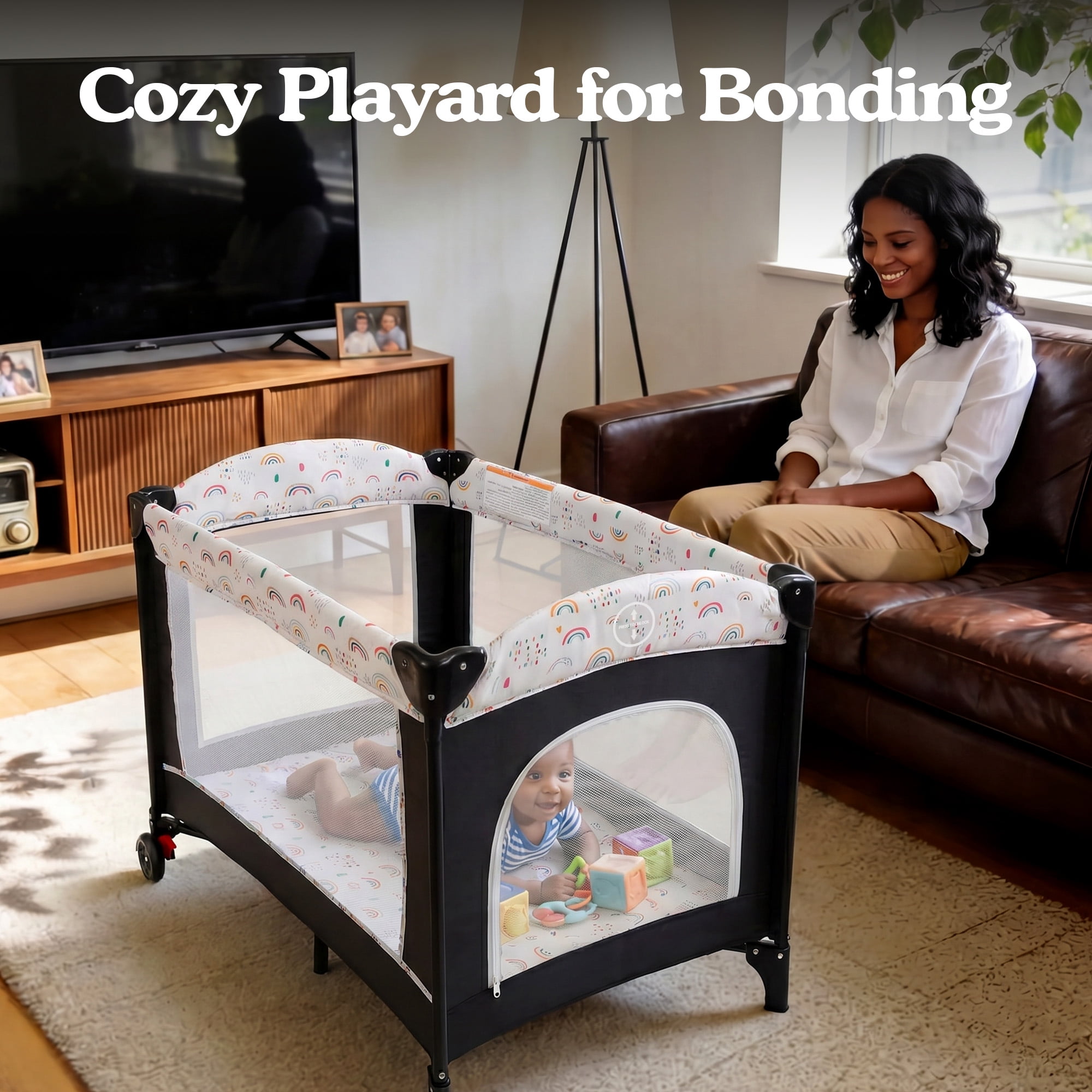 LINLUX Foldable Baby Bedside Crib Bassinet, Infant Pack and Play Playard, Newborn Playpen Changing Table, Multicolor