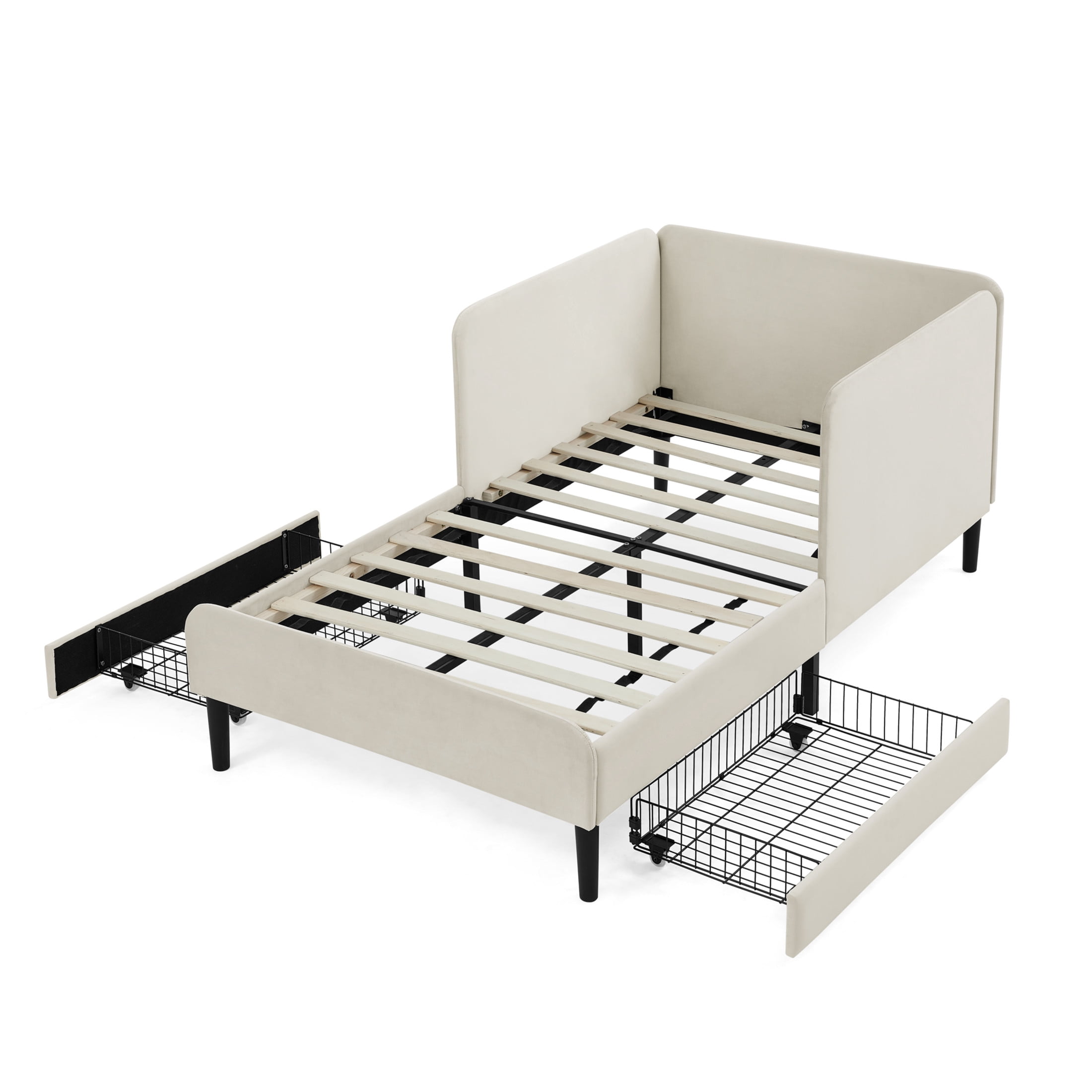 Noble House Haylie Twin Size Velvet Upholstered Daybed with Storage Drawers, Adjustable Daybed Sleeper Sofa, Beige