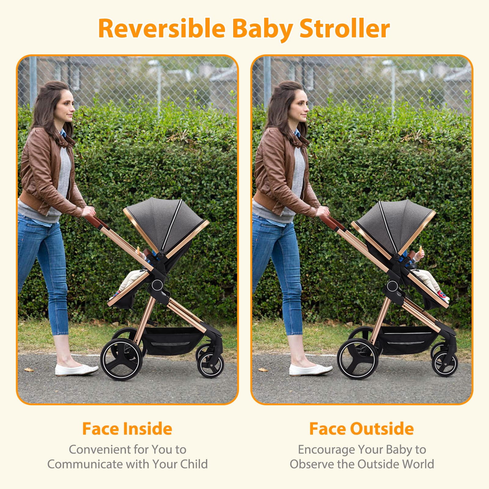 2024 New Convertible Baby Stroller, 3 in 1 Reversible Bassinet Stroller for Newborn, Toddler, High Landscape Foldable Pram with Adjustable Backrest and Canopy, Windproof Foot Cover, 5-Point Harness