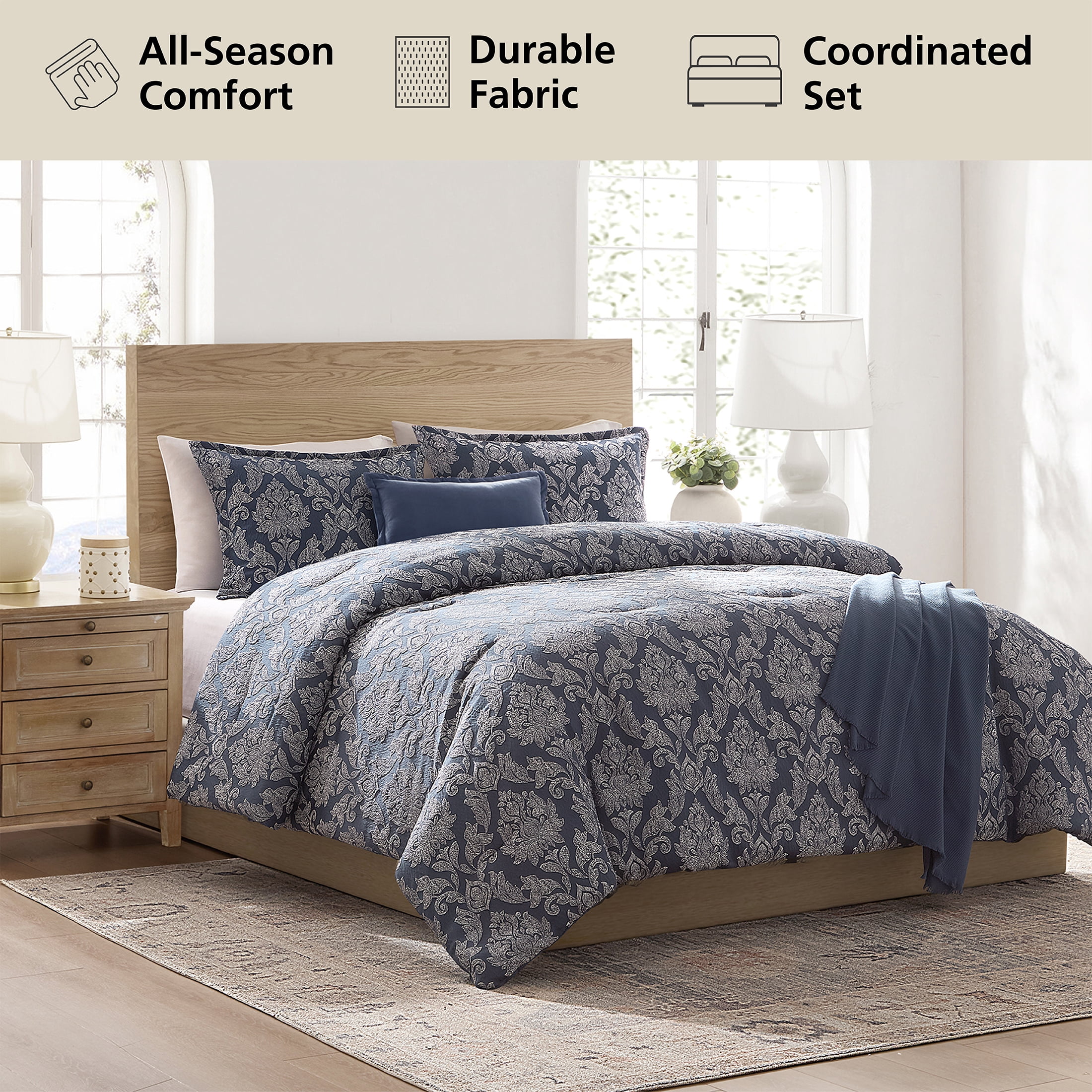 Mainstays Damask 5-Piece Jacquard Comforter Set, Blue, King