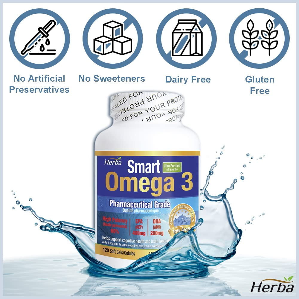 Herba Omega 3 Fish Oil Capsules 120 Soft Gels 1000mg Pharmaceutical Grade Fish Oil Omega 3 Supplement Ultra Purified and High Potency 60 EPA 400mg DHA 200mg Made in Canada Walmart