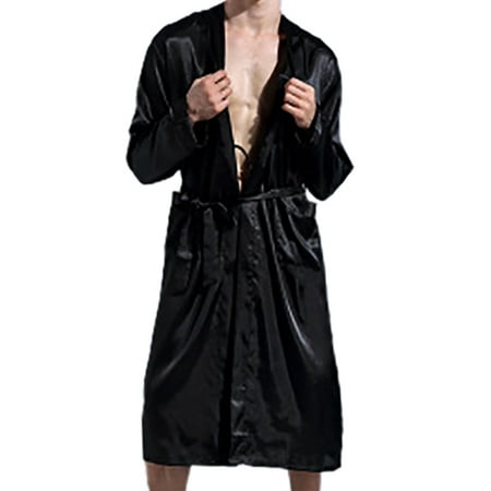 Weefy Men Silk Satin Pajamas Kimono Bath Robe Dressing Loungewear Long Robe