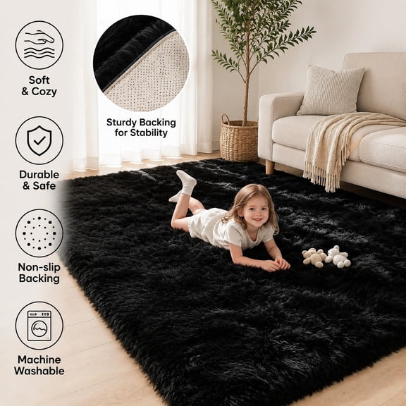 5x8 Black Area Rug for Living Room - Soft, Fluffy, Shag Washable Plush Indoor Carpet for Bedroom, Nursery, Kids Playroom