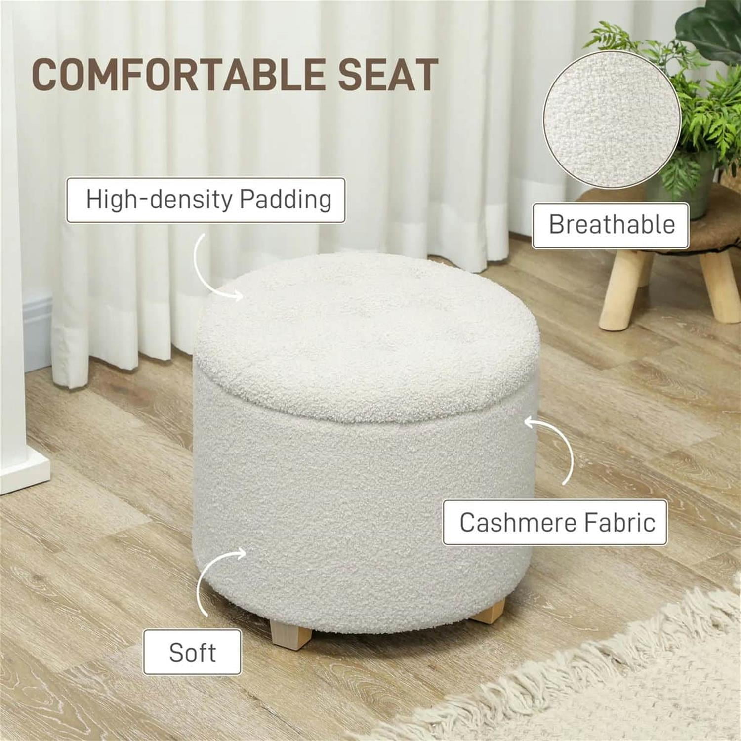 Demi Bonn 17" Round Ottoman with Storage, Wooden Legs, Cozy Teddy Fleece Tufted Footstool Lid for Living Room Hallway, White