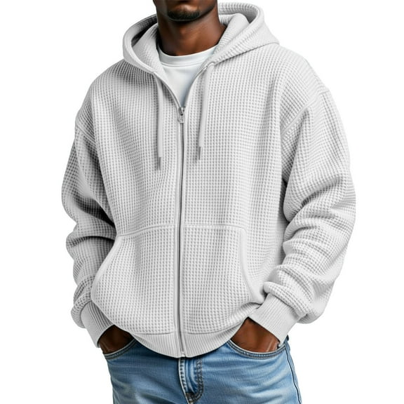 Telankuip Waffle Zip up Hoodies for Mens Soft Cozy Solid Color Hooded Sweatshirts Loose Long Sleeve Drop Shoulder Oversized Outwear Jackets with Pockets White XL