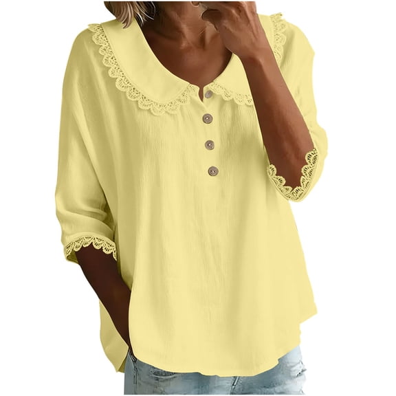 Button Down Shirts for Women 3/4 Sleeve Solid Color Fashion Casual Pullover Tops
