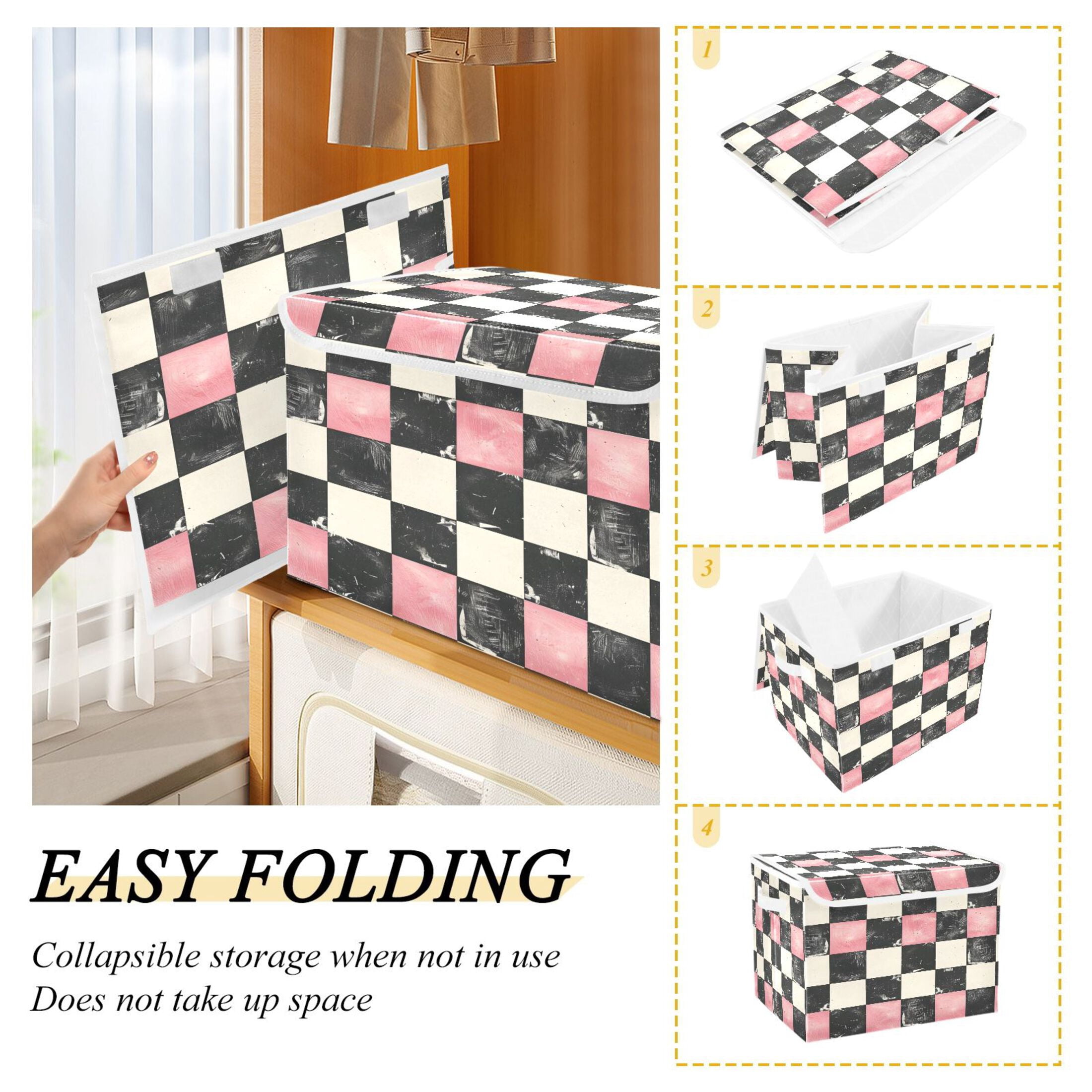 Ryvnso Pink and Black Checkered Pattern Large Lidded Foldable Storage Baskets Cubes Boxes Lids Bin for Home