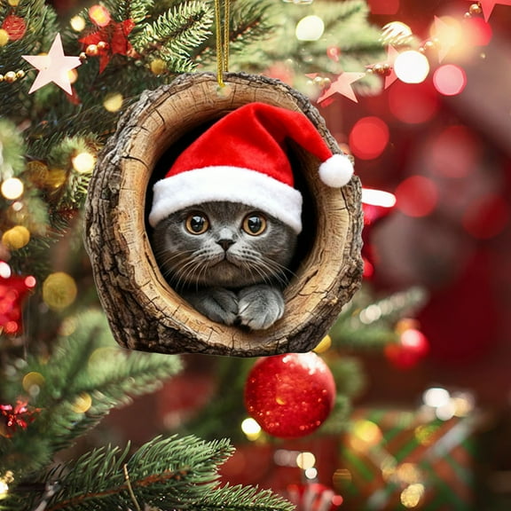 Taicans ‌Adorable Cat in Tree Hollow Christmas Ornament - Realistic Wood Look with Santa Hat,Perfect for Xmas Tree Decorations,Holiday Gifts for Pet Lovers (Holiday Season)‌