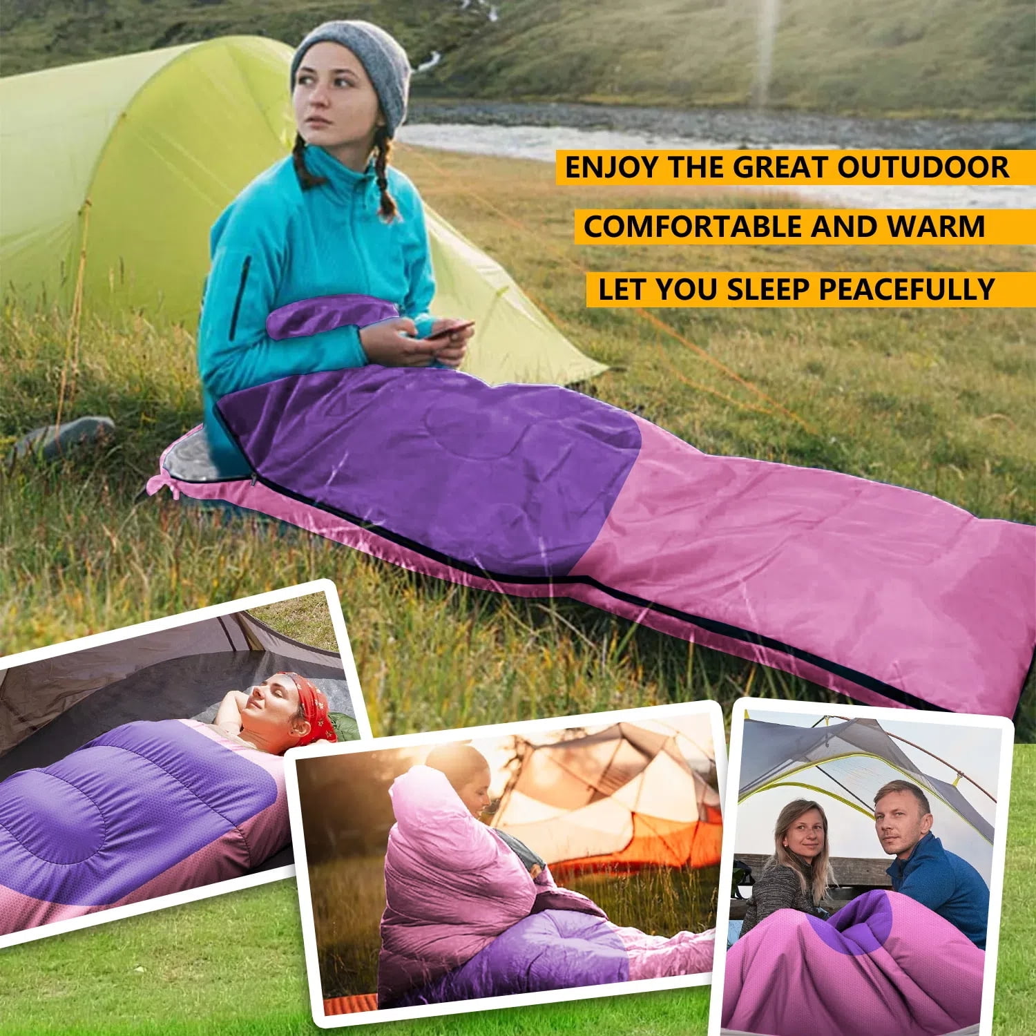 Teblint Camping Sleeping Bag for Adults Kids, Cold Weather Warm Sleeping Bag with Compression Bag for 3 Seasons, Compact Camping Essentials Gear Accessories Hiking Sleep Must Haves-Pink
