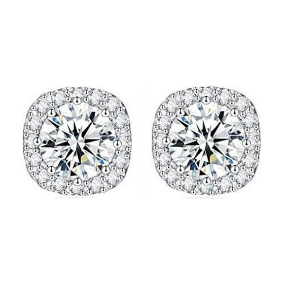 Paris Jewelry 18K White Gold White Halo Created Sapphire Square 3ct CZ Cut Stud Earrings Plated
