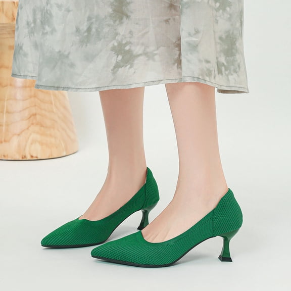 DIVVce Heeled Pumps Women Knit Fabric Pointed Toe Comfortable Slip On Casual Lightweight Office Footwear