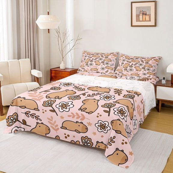 Castle Fairy Kawaii Capybara Twin Sheet Sets,Cute Floral Flowers Bedding