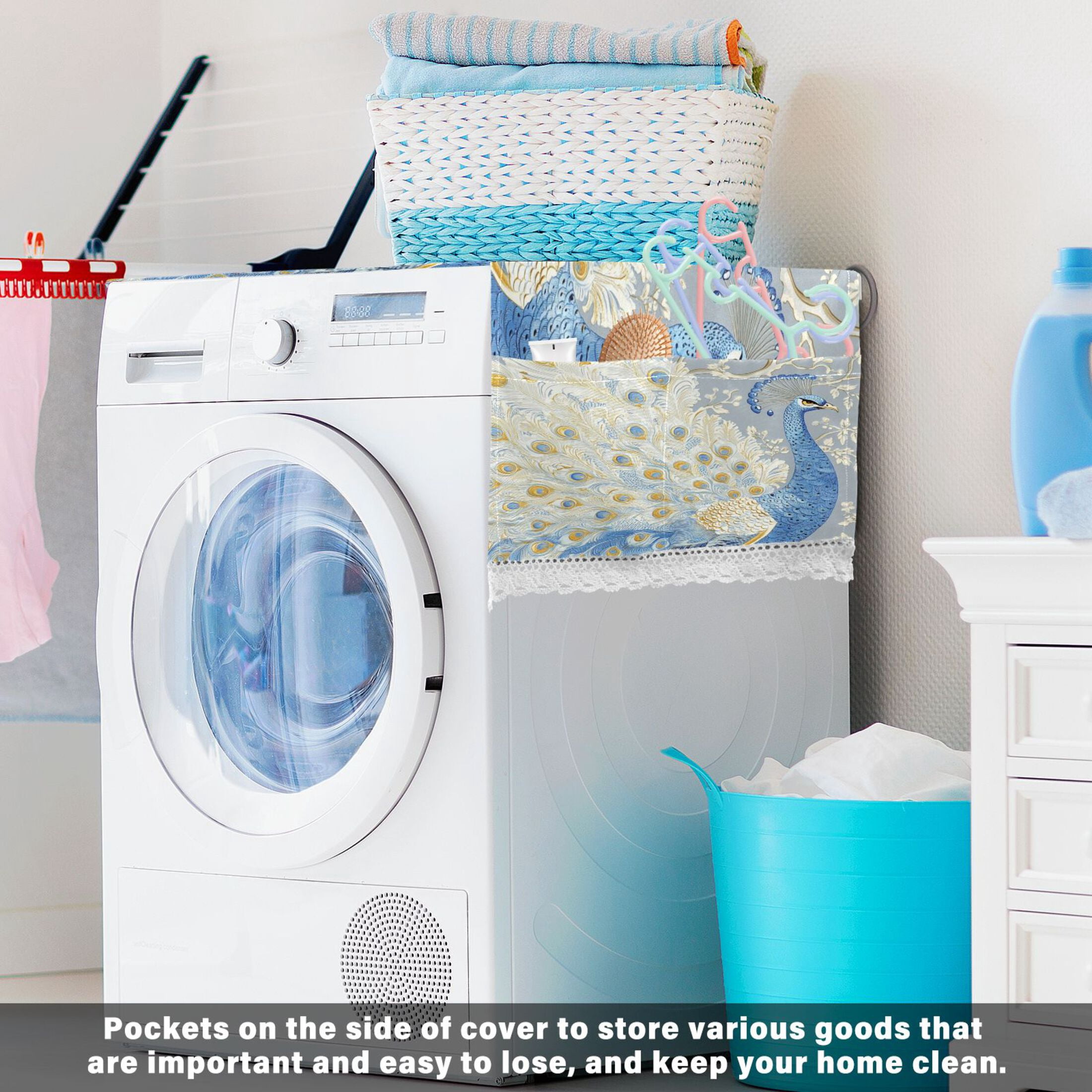 WOBOGO Pretty Blue Peacock Washing Machine Cloth Dryer Refrigerator Top Cover Protective Non-Slip Mat For Kitchen Laundry