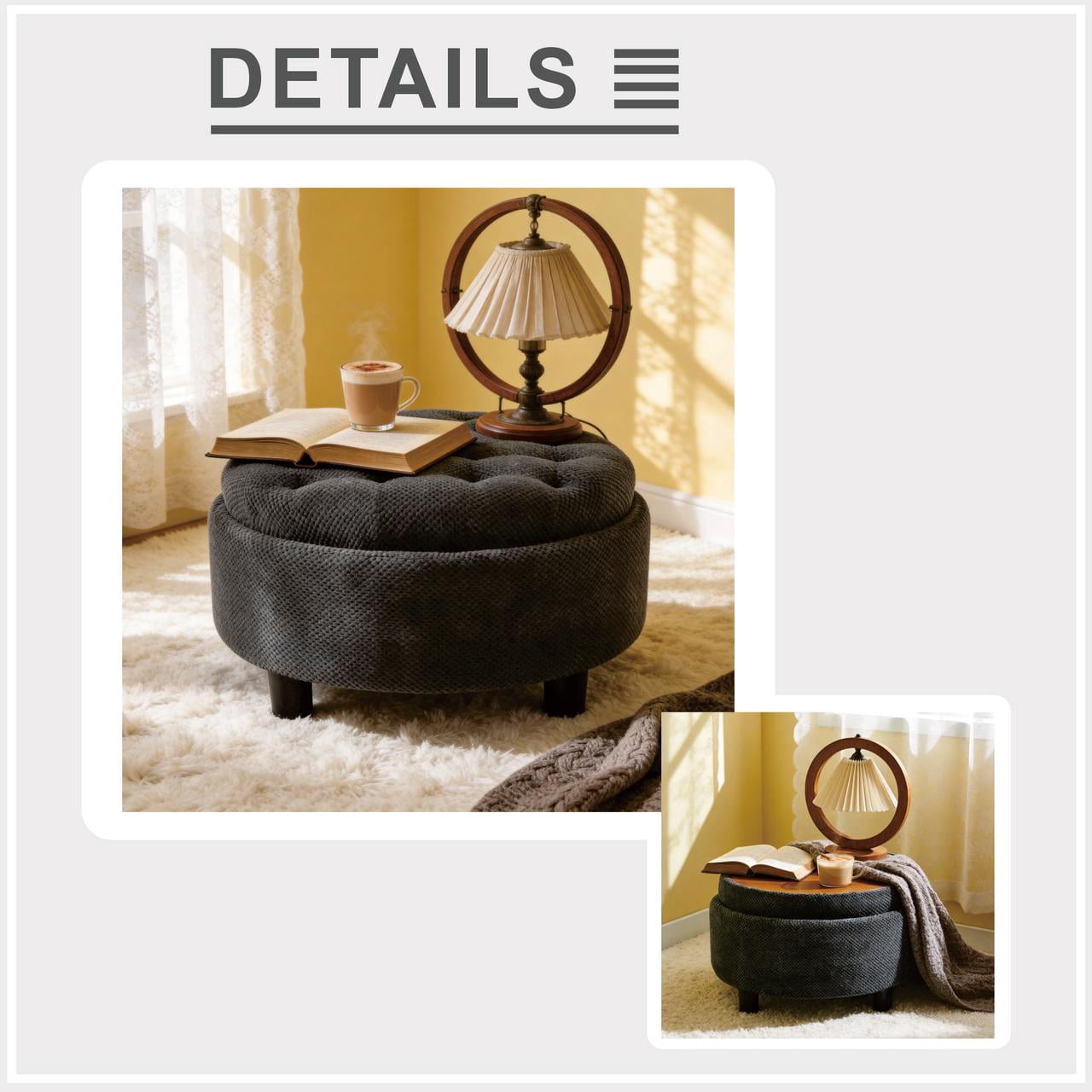 Leumius Storage Ottoman Bench,Round Coffee Table Ottoman,Wooden Top Side Table with Hidden Storage for Living Room,Bedroom,DARK GREY
