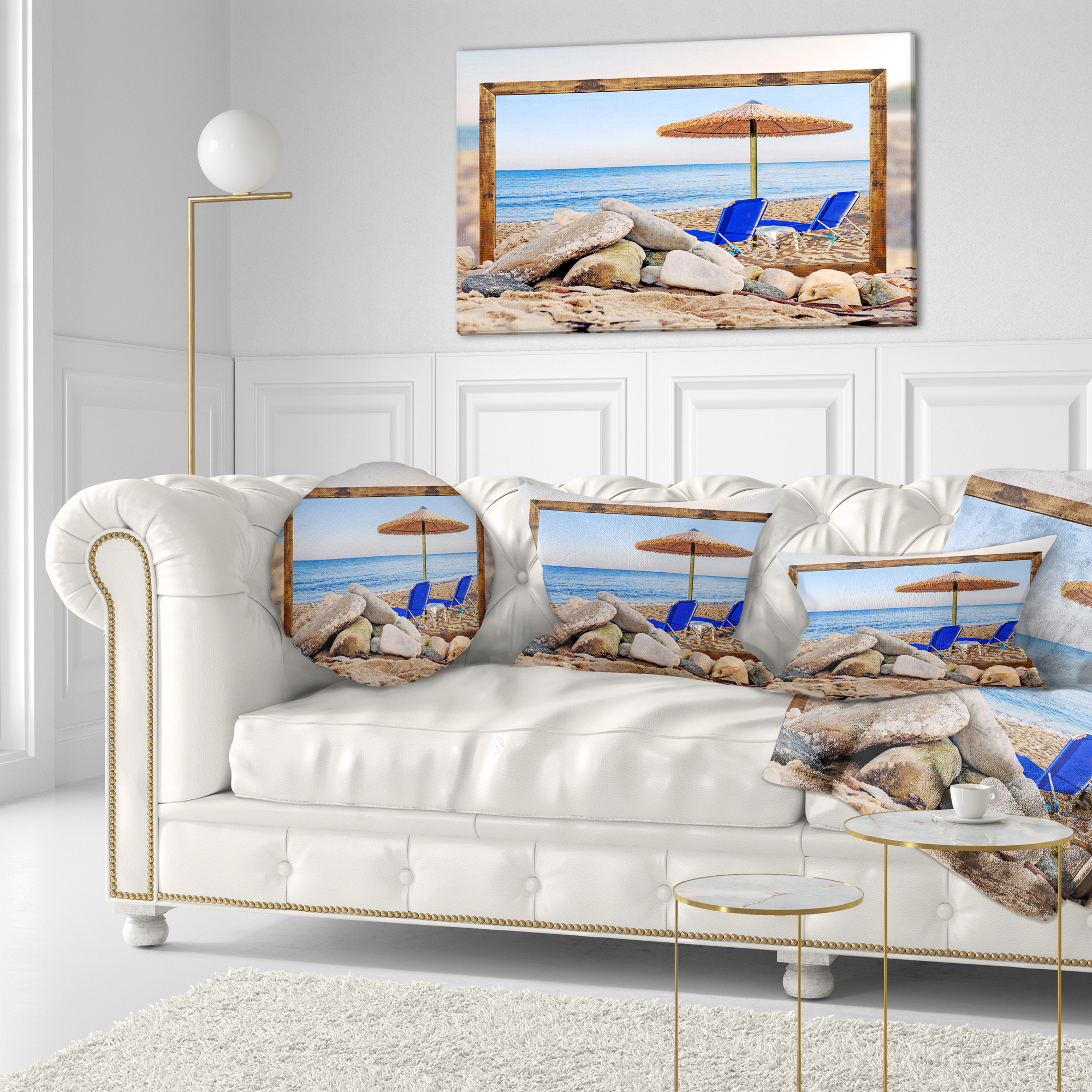 Designart Framed Effect Beach with Chairs Umbrella - Seashore Photo Throw Pillow - 12x20
