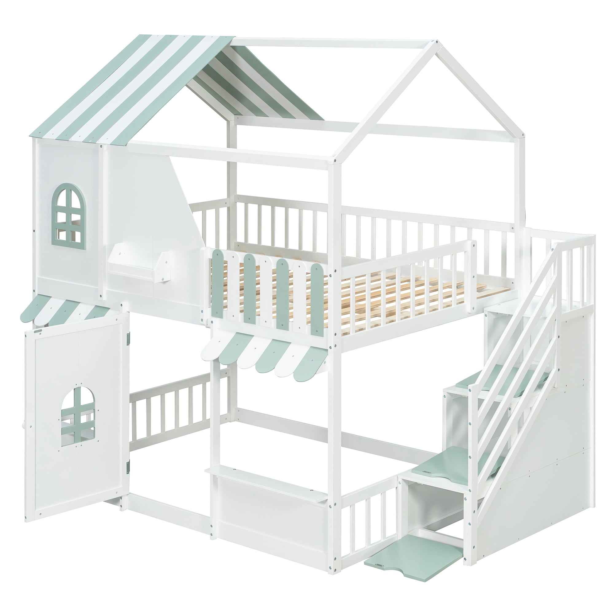 Leumius Full Over Full House Bunk Bed with Storage Staircase & Shelves, Wooden Kids Bunk Bed Frame with Playhouse Design, Roof & Door, Storage Steps and Open Shelving for Boys Girls White+Green