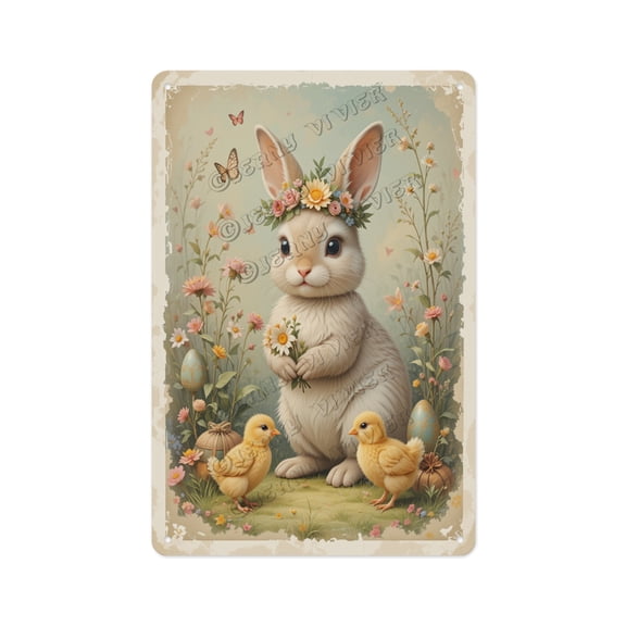 Vintage Aluminum Sign of a Cute Bunny with Flower Crown, 8 x 12 Inches, Transform Your Kitchen, Living Room, or Nursery with a Charming, Spring-Themed Sign