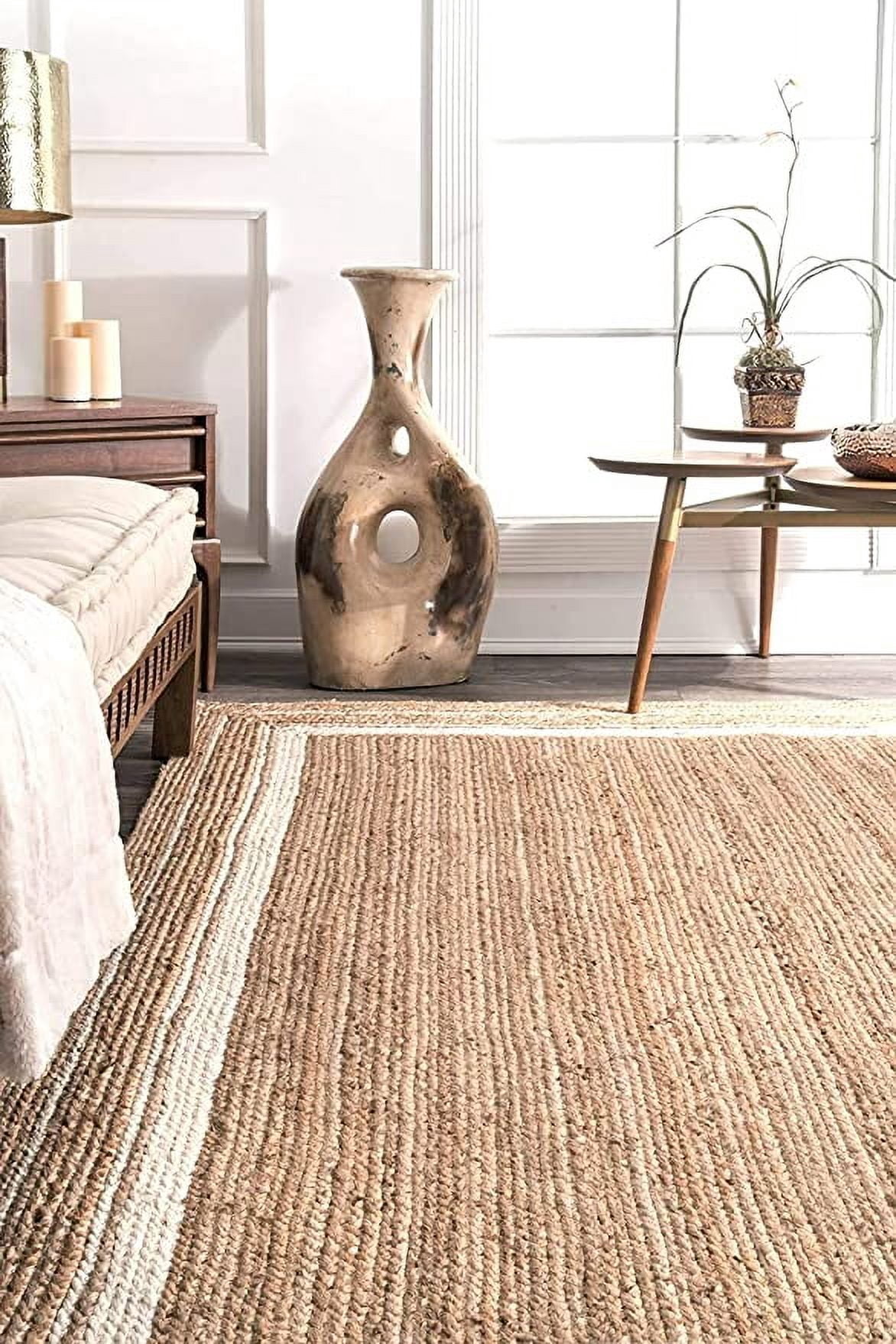 Ripaz Vogue Jute Rug Hand Woven Rectangle Beige + White Border Living Room Area Rug (2X12 Ft)