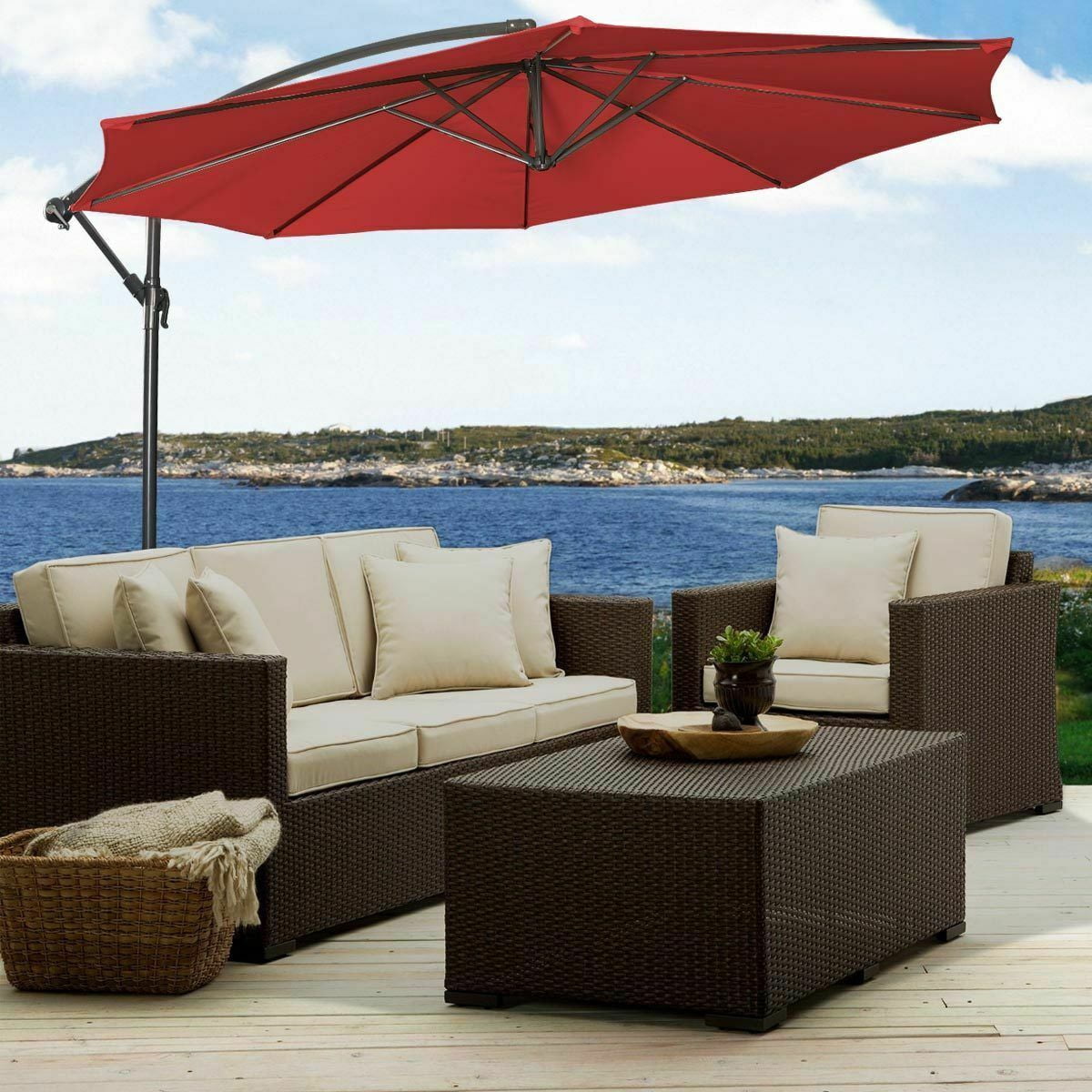 Gymax 10' Hanging Umbrella Outdoor Patio Market Banana Umbrella Offset Wine Red