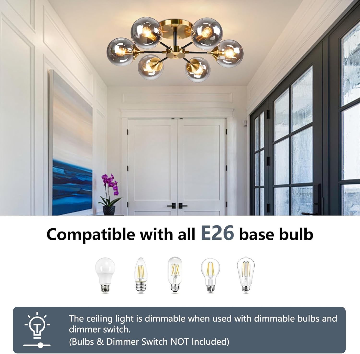 KCO Lighting 6-Light Modern Gold Globe Ceiling Light Brushed Brass Metal Close to Ceiling Lighting Fixture Bathroom Mid Century Smoke Gray Glass Shade Semi Flush Mount Sputnik Chandelier