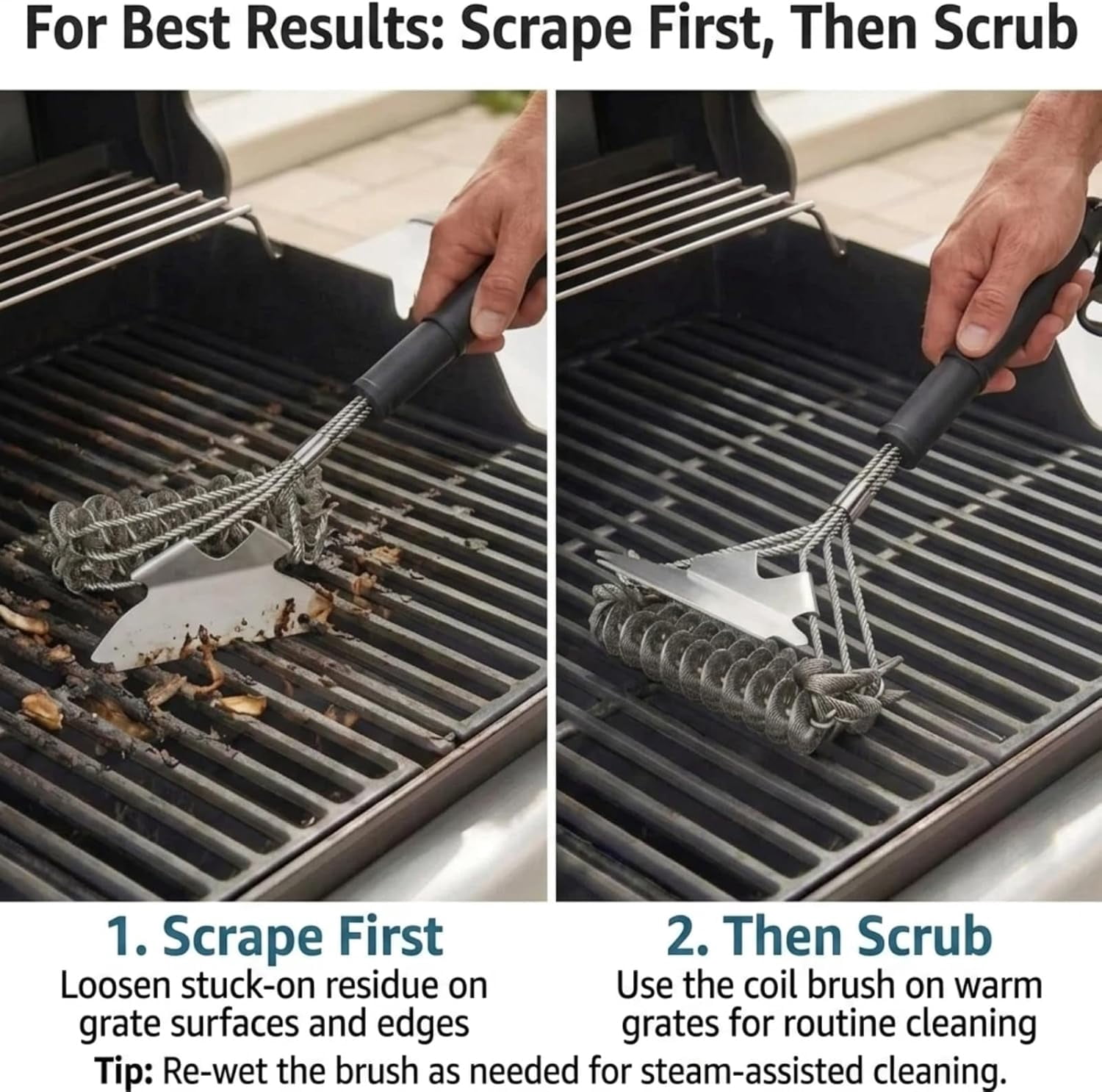 Bristle-Free Grill Brush with Scraper - Reinforced Coil Cleaning Brush, Long Handle Safe BBQ Cleaner for Gas and Charcoal Grates