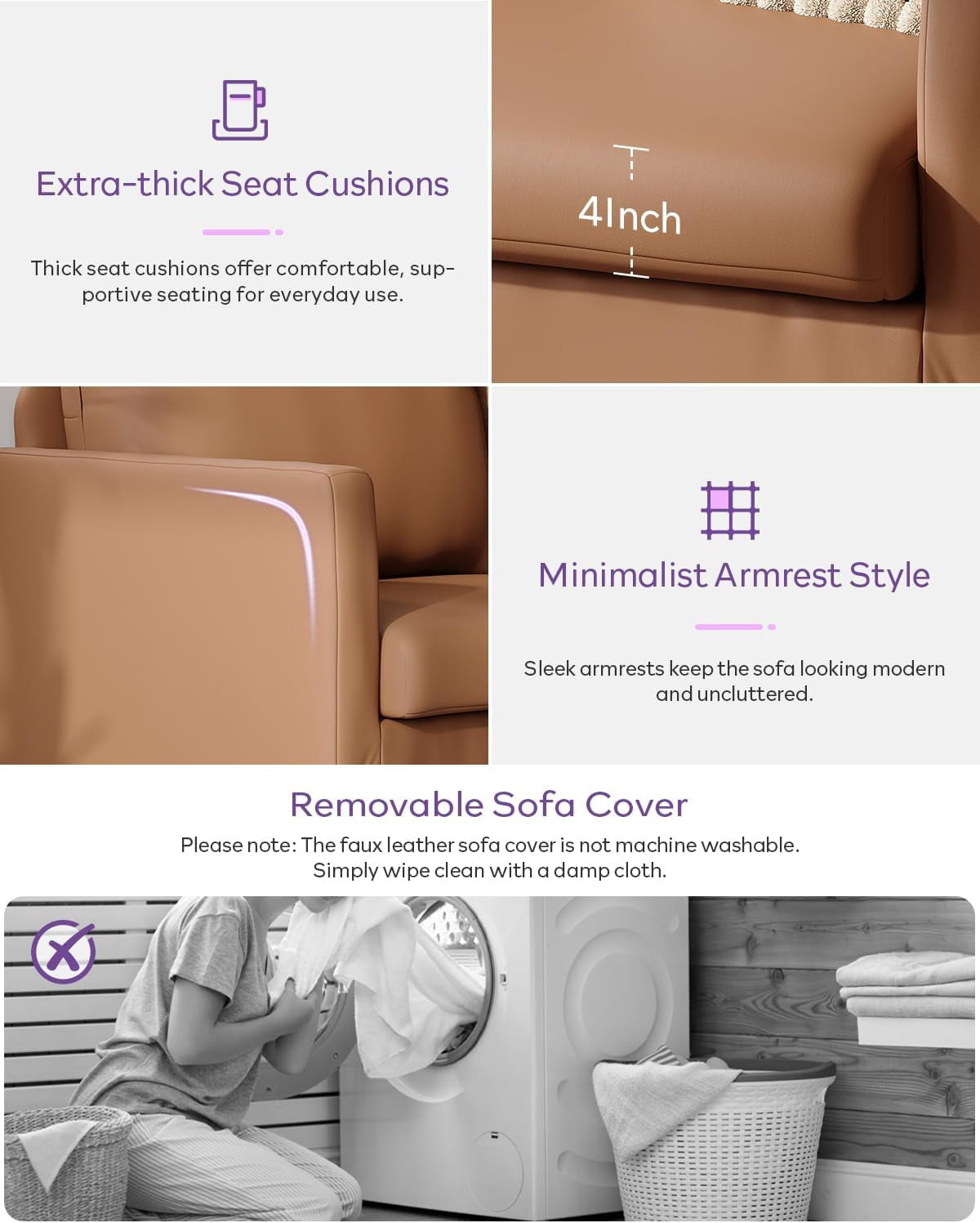 LAZZO 51" Modern Loveseat Sofa, 2-Seater Linen Fabric Couch for Bedroom & Office, Brown
